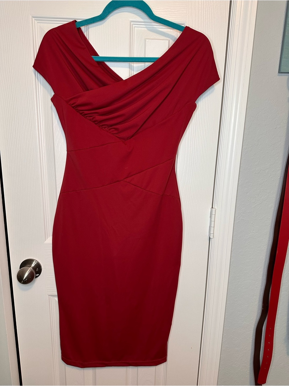 Red Draped V-Neck Midi Dress with built in shapewear